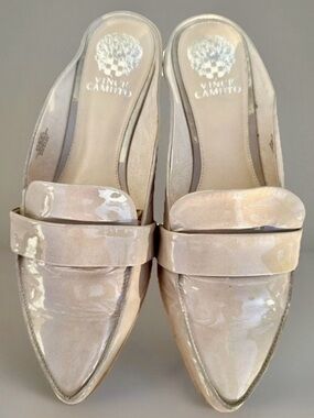 Vince Camuto Patent Pointed-Toe Loafer Mules in Neutral Beige